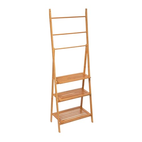 THINIA HOME - Toallero de Pie de Bambú Natural con 3 Estantes y 3 Barras, Mueble Auxiliar para Baño, Dormitorio o Lavandería, Estilo Nórdico, 53.2x32.4x152 cm