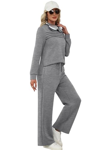 Image of WIHOLL Two Piece Sets for Women Fall Travel Vacation Outfits 2026 Long Sleeve Lounge Sets Side Slit Wide Leg Pants XS-3XL