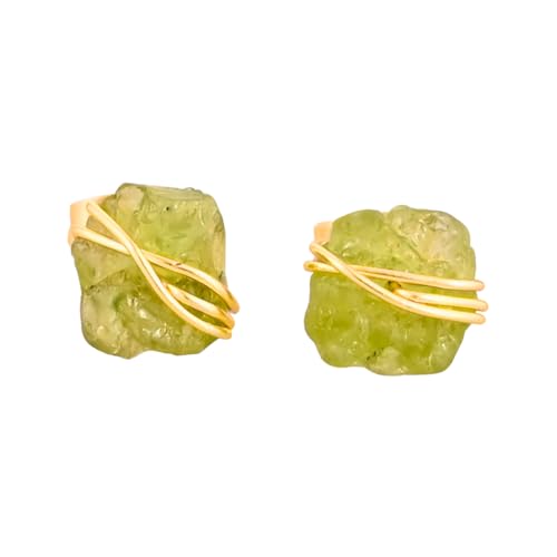Gempires Wire Wrapped Raw Peridot Stud Earrings for Women 14k Gold Plated Handmade Gemstone Studs...