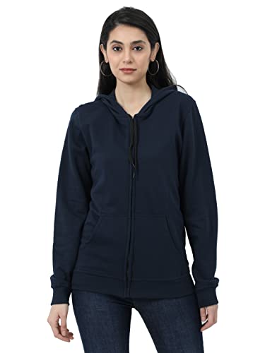 Image of Wafaa Women's Cotton Plain Hooded Neck Full Zipper Sweatshirt Hoodies with Kangaroo Pocket