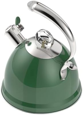 Harriet Tea Kettle Stovetop, 2.5 Quart Whistling Stainless Steel Tea Pot, 3-Layer Base, Unique Ergonomic Handle, Includes Pot Holder & Mat, Electric/Induction/Gas Stovetops Applicable, Green