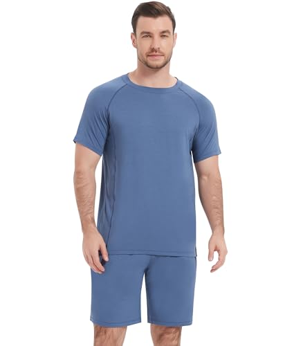 Image of NACHILA Men's Pajama Set, Cooling Bamboo Viscose Short Sleeve Top & Shorts