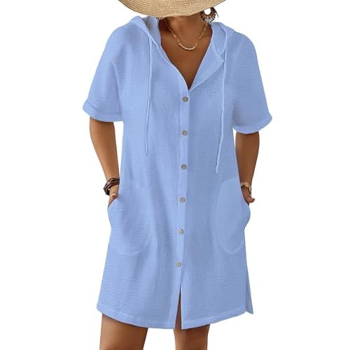 Bsubseach Womens Swimsuit Cover Up Shirt Button Down Short Sleeve Bathingsuit Coverups Hooded Beach Coverup With Pockets Light Blue Medium