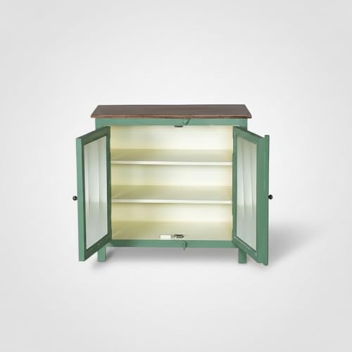 Image of APRODZ 2 Door Cabinet with Wicker Front 2 Shelves | Mango Wood Storage Organizer | Rustic Durable Stylish Wooden Furniture | Compact Design Home Decor (Premium Olive Green & Off White)