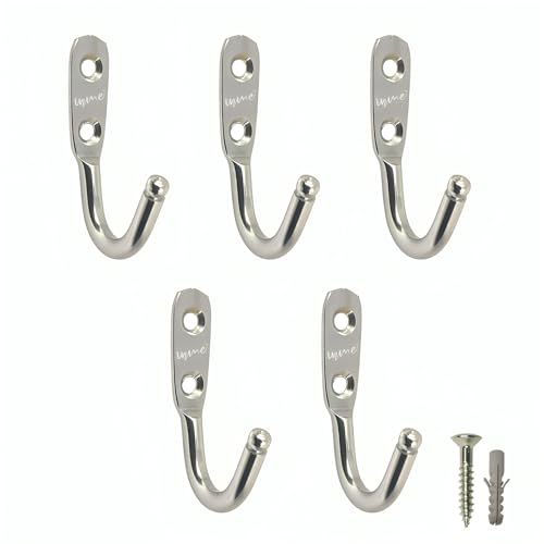 inme Stainless Steel J Hooks Unbreakable with Chrome Plated Finish for Bathroom, Door, Metal Wall Hook, Clothes and Keys Hanging, Kitchen Utensil Hanger Holder, Heavy Items (Single J Hook, Pack of 5)