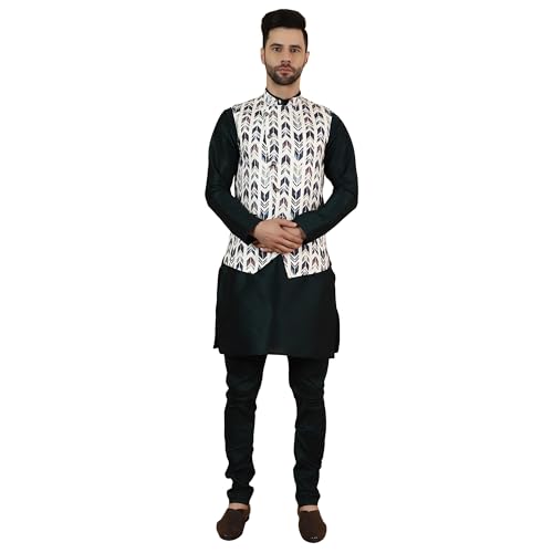 WINTAGE Men's Digital Print Cotton Silk Black Modi Nehru Jacket & Kurta Payjama Set