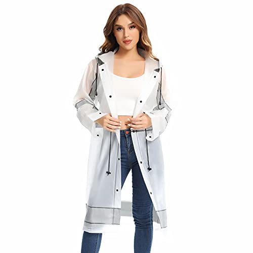 UNIQUEBELLA Raincoat Transparent Reusable Lightweight Waterproof Rain Poncho Women Belt Design Rain Mac (M, White+Grey)