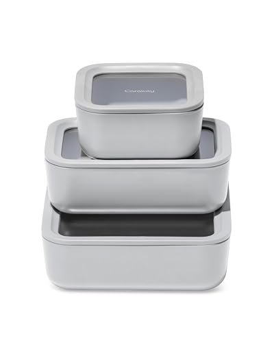 Caraway 3pc Glass Food Storage Set - 10, 6.6, & 4.4 Cup Containers - Ceramic Coated - Non-Toxic Non-Stick Lunch Box With Glass Lids - Dishwasher, Oven, & Microwave Safe - Gray