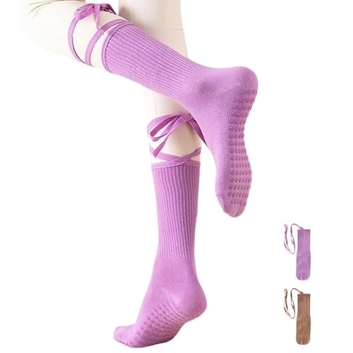 Womens Pilates Yoga Toe Socks with Grips Non Slip Cushioned Crew Socks Mid Calf for Barre Ballet