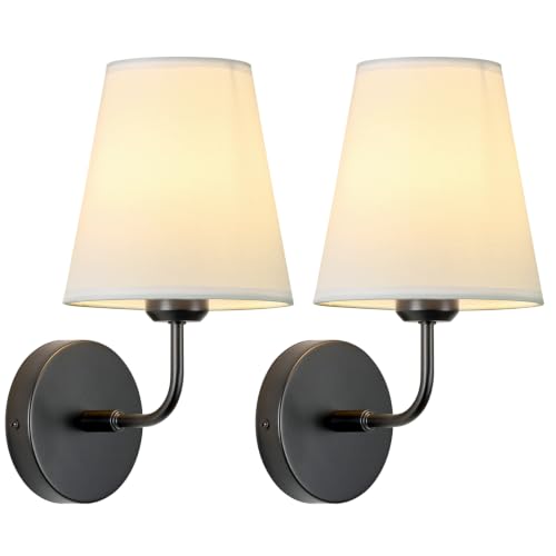 Image of Hardwired Wall Sconces Set of 2,Black Finish with White Fabric Shades,Small Indoor Wall Decor Lamp for Living Room Bedroom Bathroom