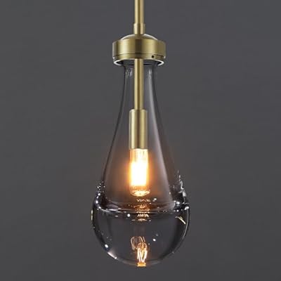 Untrammelife Gold Pendant Light Hand-Blown Clear Solid Glass Pendant Light Fixture Teardrop Ceiling Hanging Light in Brushed Brass Finished for Kitchen Island Dining Room, E12 Base