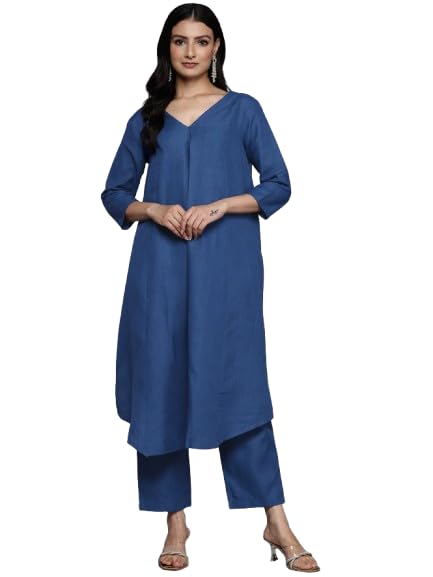 Image of Varanga Women's Violet Strap Kurta with Tonal Bottom & Printed Dupatta - Round Neck, Side Slit Design, Stylish & Comfortable