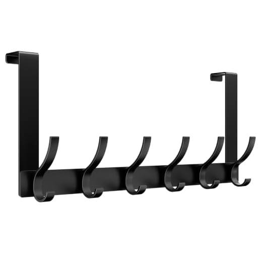 Optish Over The Door Hooks, Door Hanger Hooks for Hanging, Over The Doors Towel Racks for Bathroom with 12 Coat Hook, Coat Rack Dorm Essentials Bathroom Accessories（1 Pack, Black）