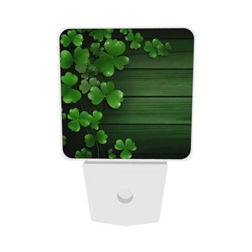 Image of Green Clovers Wood Night Light Set of 2, St Patrick's Day Auto Sensor LED Dusk-to-Dawn Nightlights, Plug-in Sensor Lamp for Bedroom Bathroom Kitchen Hallway Stairs Decorative