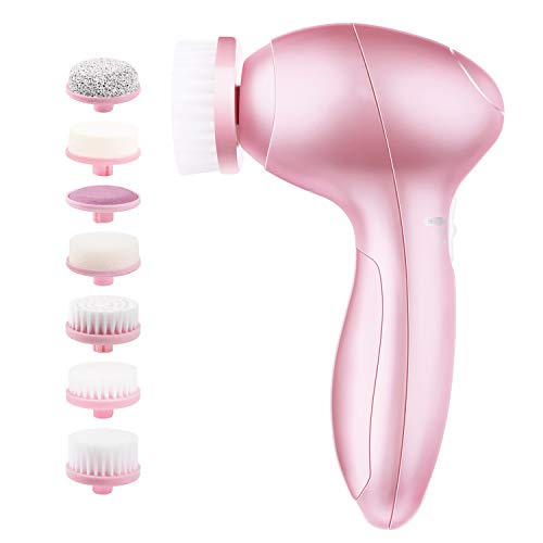 Electric Facial Cleansing Brush 7 in 1, Skin Spin face Brush for Deep Cleaning, Gentle Exfoliating, Blackhead Removing, Pearl Pink, Battery Operated