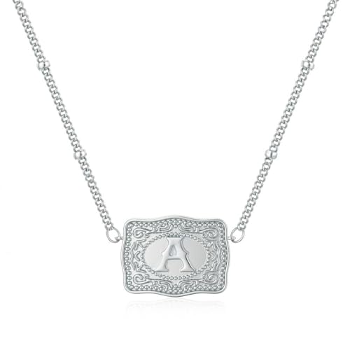 fomissky-sisa Mini Belt Buckle Necklace with Initial, Personalized Cow Tag Pendant Necklace Western Necklace for Women Silver Tone
