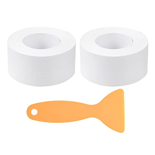 KAYSENSUK 2 Rollen selbstklebendes Dichtband, selbstklebend, wasserdicht, für Badezimmer, PVC, strapazierfähig, weiß mit 1 Stück Schaber für Küche, DIY, Duschinstrument, Wanne (Weiß) Cover