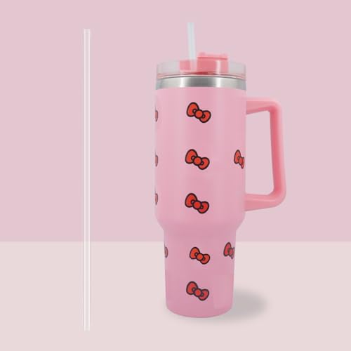 Kitty Say Hello HD 40oz Tumbler with Handle and Straw, Insulated Cup Reusable Stainless Steel Water Cup, Pink