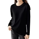 [HUAFIY] 綿100！ロンティー レディース 長袖tシャツ トップス 【トレンドの新定義・ゆる感・小顔効果】 カットソー クルーネック ティーシャツ ロングスリーブ 無地 カジュアル ゆったり 重ね着 きれいめ オシャレ (JP, アルファベット, M, ブラック)