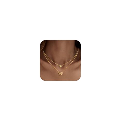 KSF Gold Bow Necklace for Women - Layered Bow Heart Gold Necklace for Women Trendy Dainty 14K Gold Plated Heart Initial Choker Chain Layered Bow Pendant Jewelry Gifts