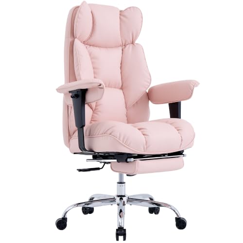 Image of Efomao Executive Office Chair 400lbs,Pink Big and Tall Desk Chair | Mattress-grade pocket spring cushion, sleek leather, 135 recline & footrest for computer gaming setup.