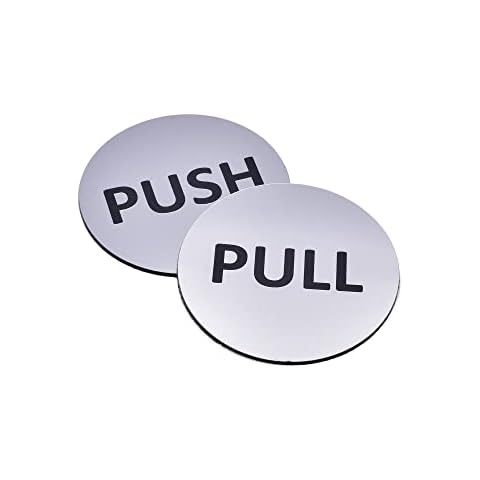 Pair of Circular Metallic Push & Pull Adhesive Door Signs - Generic Door Sign for business, restaurants, bars, hotels, schools, cafe. 3M Adhesive Backing For A Strong Stick Cover