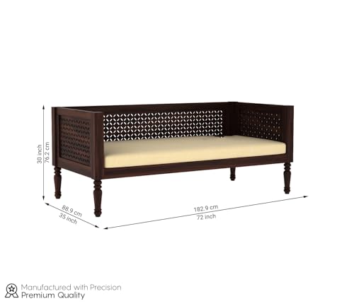 Image of ONIJA Solid Sheesham Wood Diwan Sofa Cum Bed Without Cushion | Traditional Wooden Daybed with Carved Backrest | 3 Seater Sofa for Living Room, Bedroom & Home (Walnut Finish)