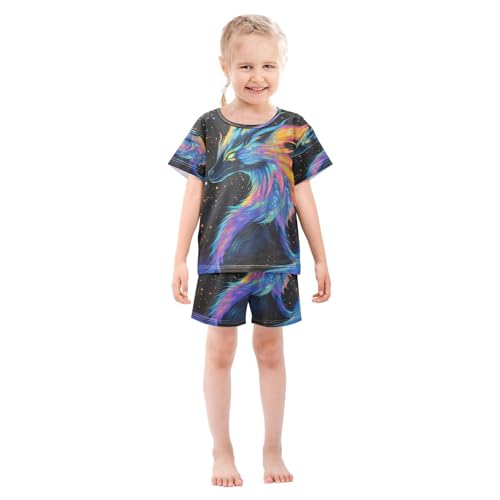 ALAZA Black Colorful Dragon Pajamas Set Short Sleeve Cotton Sleepwear Summer Pjs 2 Piece 5-14Y3