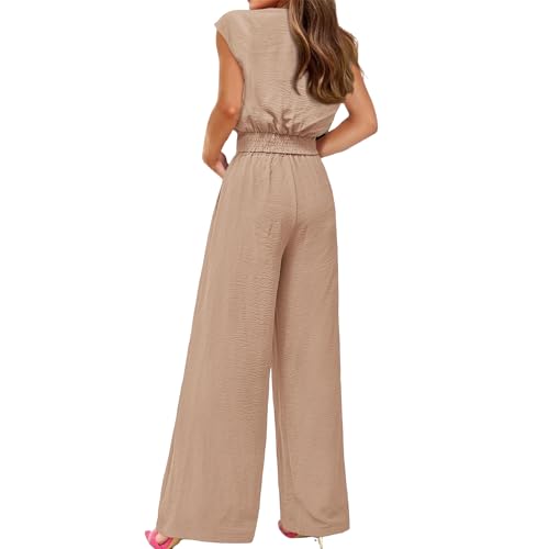 Women's Summer 2 Piece Outfits Casual Cap Sleeve V Neck Belted Crop Tops Wide Leg Palazzo Pant Sets Tracksuit4