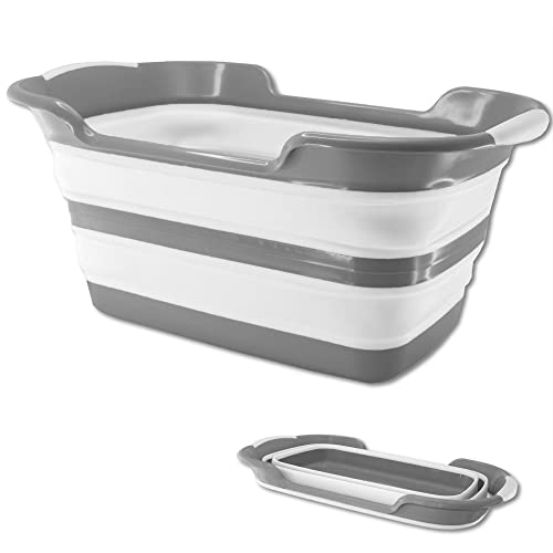 Soldela Maxi Panier à Linge Pliable 2 Poignées - Capacité 27 L - Boîte de Rangement Rétractable ou Cuve de Nettoyage Compacte - Caoutchouc - 60 x 39 x 27 cm couleur gris et blanc