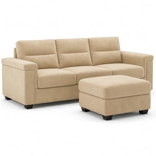Image of FURNY Parker 3 Seater Sofa Set with Ottoman | Premium Suede Velvet Fabric Finish | Durable Comfort Sofa for Modern Living Room & Office Spaces (Beige)