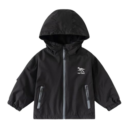 Toddler Waterproof Hooded Jacket for Boys Dinosaur Embroidery Long Sleeve Jacket with Zipper Girls Winter Coat