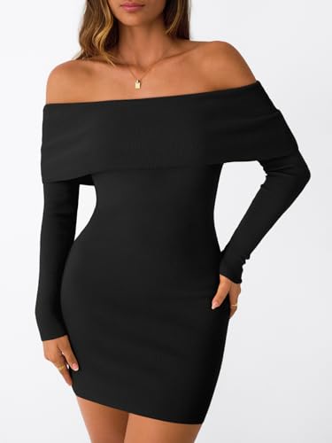 LILLUSORY Womens Folded Neck Off The Shoulder Long Sleeve Mini Going Out Bodycon Pullover Sweater Dress 20252