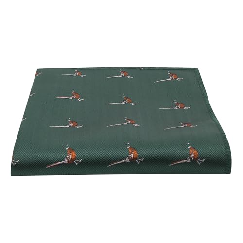 King & Priory Dark Green Herringbone Embroidered Pheasant Pocket Square, Handkerchief
