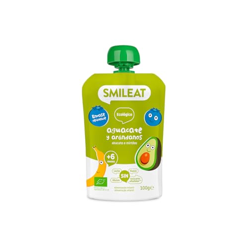 Smileat - Pouch De Frutas Ecológicas - Sin Sal Ni Azúcar Añadido, Sin Gluten - Snack Práctico Para Peques - Sabor A Aguacate Y Arándanos