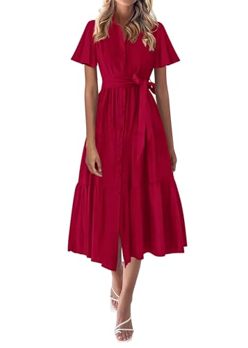 Image of KIRUNDO Summer Button Down Wedding Guest Shirt Dresses for Women Maxi Flutter Short Sleeve Flowy Tiered Beach Sun Dress