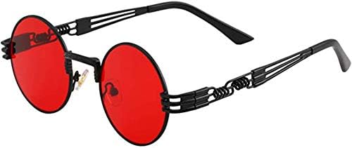 DELFINO Sunglass, Round Steampunk Retro Metal Circle Frame John Lennon Hippie Glasses Clip On Sunglasses Steampunk Style and Round Mirrored Lens Dollger Vintage Slender for Men Women, Red
