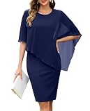oten Wedding Guest Dress for Women Chiffon Cape Sheath Bodycon Knee Length Party Cocktail Formal Pencil Dress Navy Blue X-Large