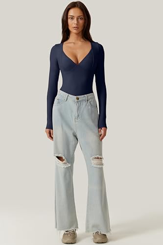 Image of QINSEN Women's Long Sleeve Bodysuit V Neck Body Suits Seamed Cup Going Out Tops Shirt