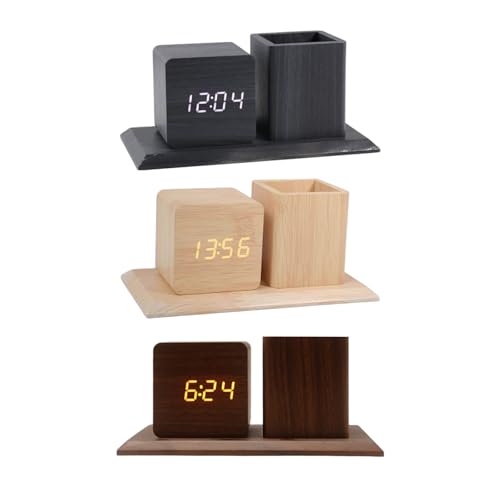 Reloj despertador de madera con sensor de sonido y brillo regulable 3