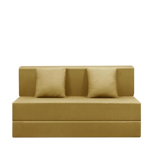 Image of Easy Foldable Two Person Sofa Cum Bed Jute Fabric- Washable Cover- Including Two Cushion- Size 4' X 6' Ft (Golden Color) Perfect for Home & Office for Guests