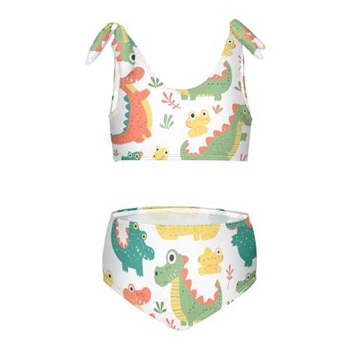 Cute Cartoon Crocodile Alligator Girl 2 Piecing Kids Bikini Set Scoop Neck Swimsuits Swimming Suits Adjustable Shoulder