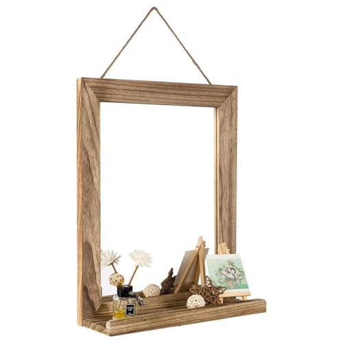 CHZIMADE Rustic Wall Mirror Rectangular Hanging Wall-Mounted Wooden Mirror with Shelf Decor for Living Room Bedroom
