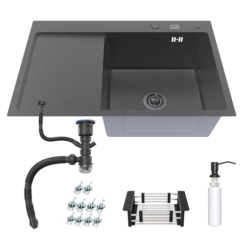 ANW HOME Évier encastrable graphite 78x50 cm avec égouttoir gauche – revêtement PVD graphite & finition Nano, profondeur 22 cm, cuve 405 × 400 mm, rebord 3 mm /...