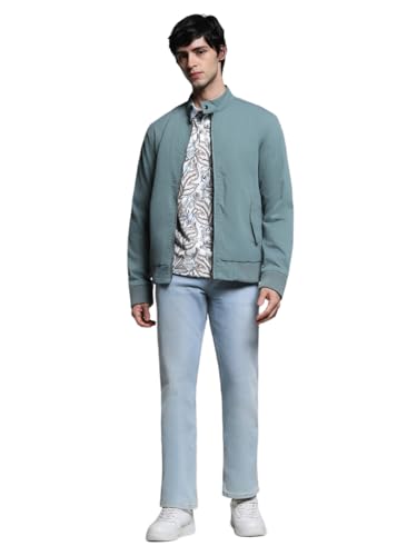 Image of Jack & Jones Men's Mock Collar Solid Cotton Casual Bomber Jacket, Standard Length