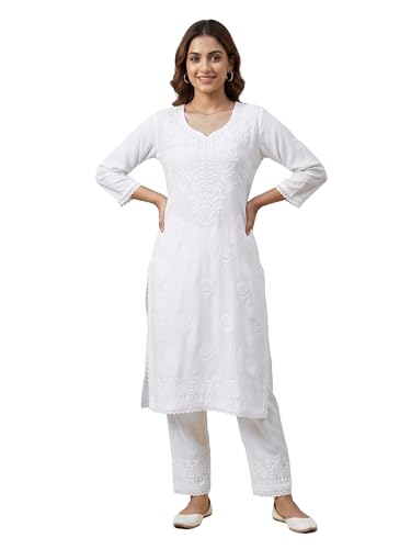Conjunto de kurta bordada Lucknowi de rayón vestido indio cómodo que estiliza sin ajustar la silueta