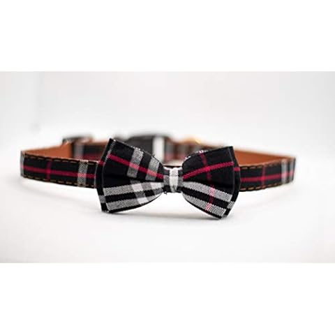 Leather Designer Puppy Dog Cat Bow Tie Collar Quick Release Checked Tartan Plain Small Medium Large (Medium, Black Tartan) Cover