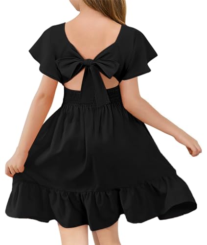 Haloumoning Girls Ruffle Short Sleeve Tie Back Dress Kids Summer Off Shoulder A-line Dresses 5-14 Years
