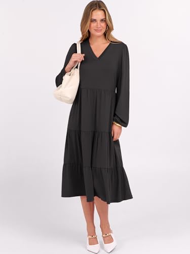 ANRABESS Women's Long Lantern Sleeve Floral Midi Dresses 2025 Fall V Neck Casual Flowy A-line Tiered Boho Vacation Long Dress2