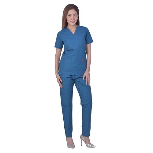 Image of Unisex V-Neck Polyester Cotton Medical Scrub Suit for Doctors, Top and Bottom with 6 Pockets, Triple Needle Stitch Top, Size 50-5XL, Caribbean Blue.